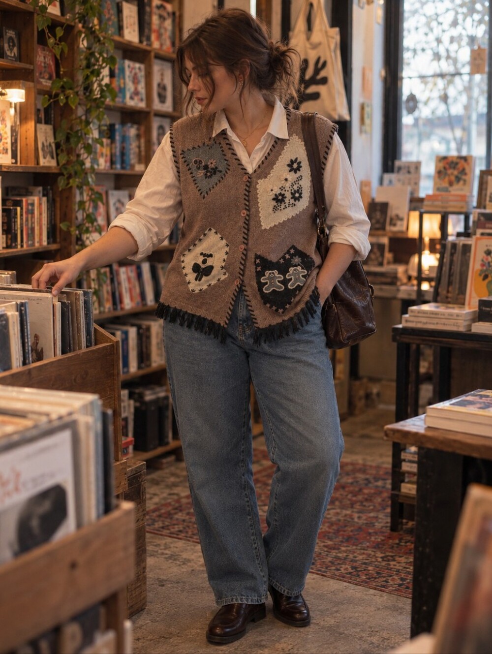 Vintage Noren Wool Blend Appliqué Sweater Vest L Folk Grandpa